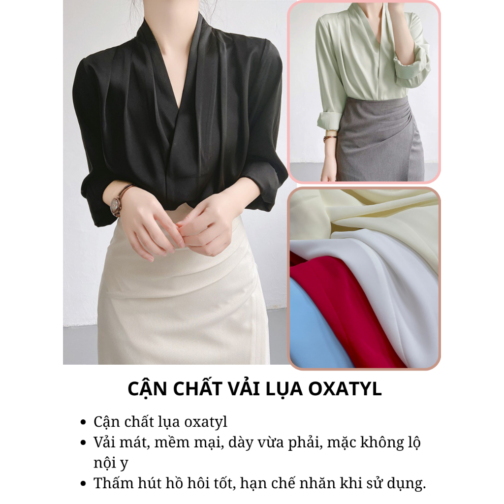 Áo sơ mi nữ kiểu cổ V tay dài Vải lụa cao cấp dày dặn Oxatyl A65 | BigBuy360 - bigbuy360.vn