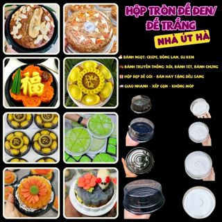 Set 50 Hộp Nhựa Tròn Đựng Xôi Cúng, Bánh Crepe, Bánh Truyền Thống 10–20cm – Đế Trắng/Đen/Vàng – Giá Rẻ | Út Hà
