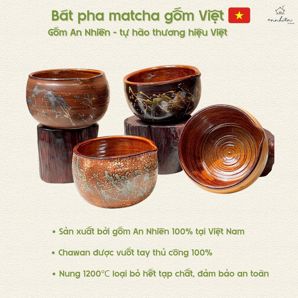 Bát trà Chawan đánh Matcha miệng rót dáng tròn, chawan vuốt tay, gốm An Nhiên - 100% made in Vie