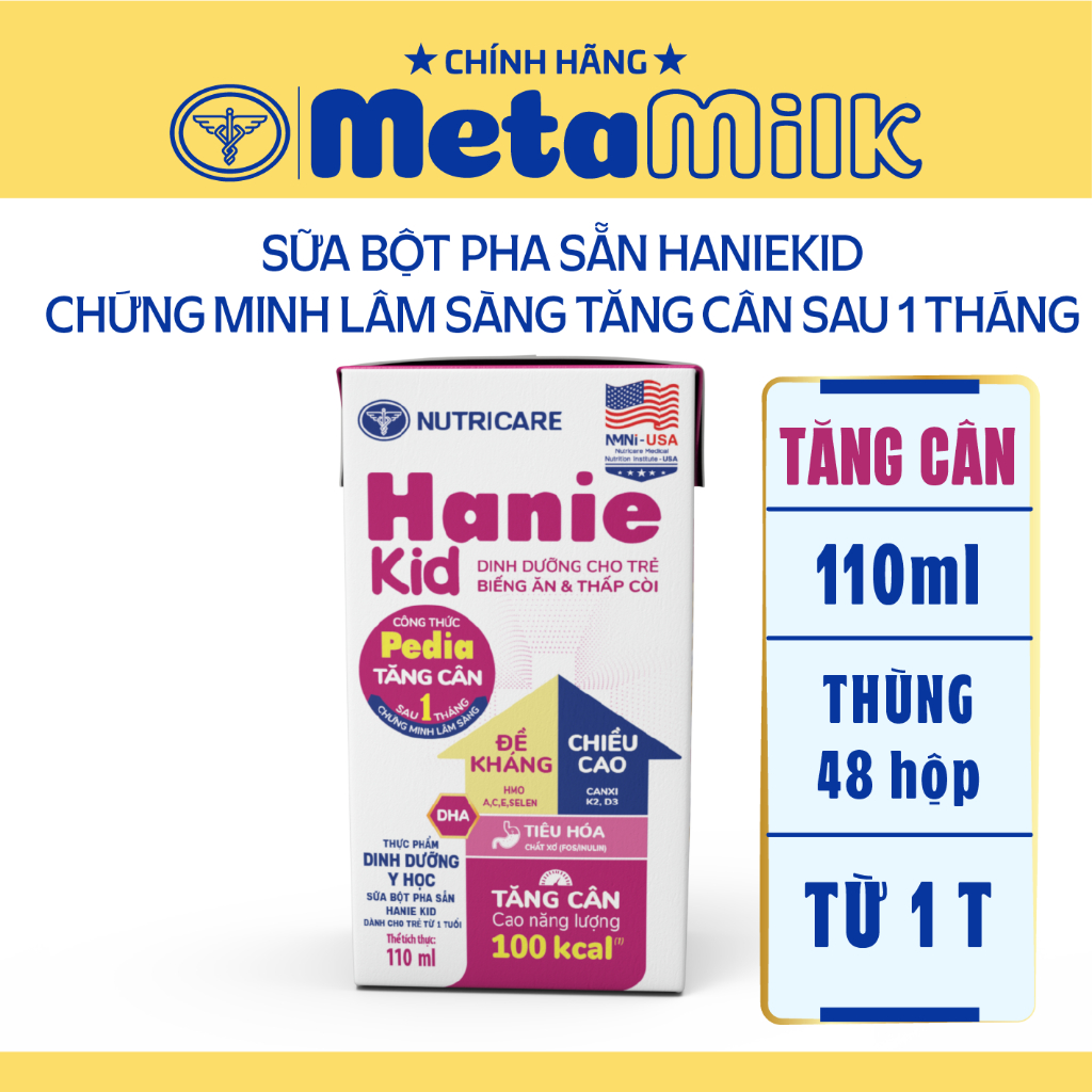 Thùng sữa pha sẵn Hanie Kid Nutricare cho trẻ biếng ăn suy dinh dưỡng ( 110ml x 48 hộp)