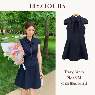  Lily.clothes- Tracy Dress- Váy sơ mi cộc tay cổ sen dáng ngắn basic thắt nơ điệu đà công sở  Váy đầm nữ dáng ngắn  V09  