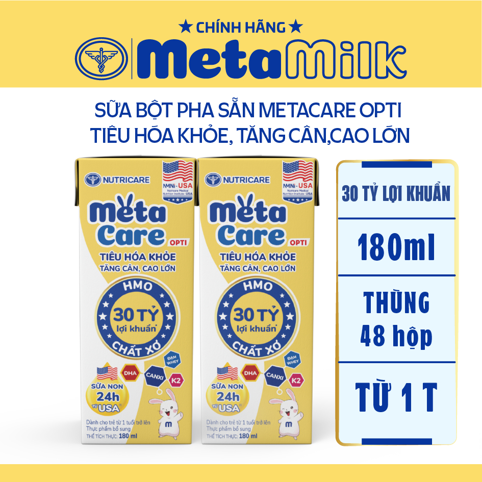 Thùng sữa pha sẵn Metacare Opti Nutricare 180ml tiêu hóa khỏe, tăng cân, cao lớn (180 x 48 hộp)