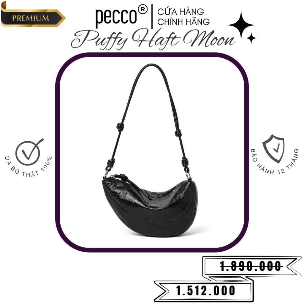 Túi xách nữ da thật PECCO PUFFY HALF MOON Leather Bag cỡ vừa (miệng túi 30cm). đủ màu - #2056