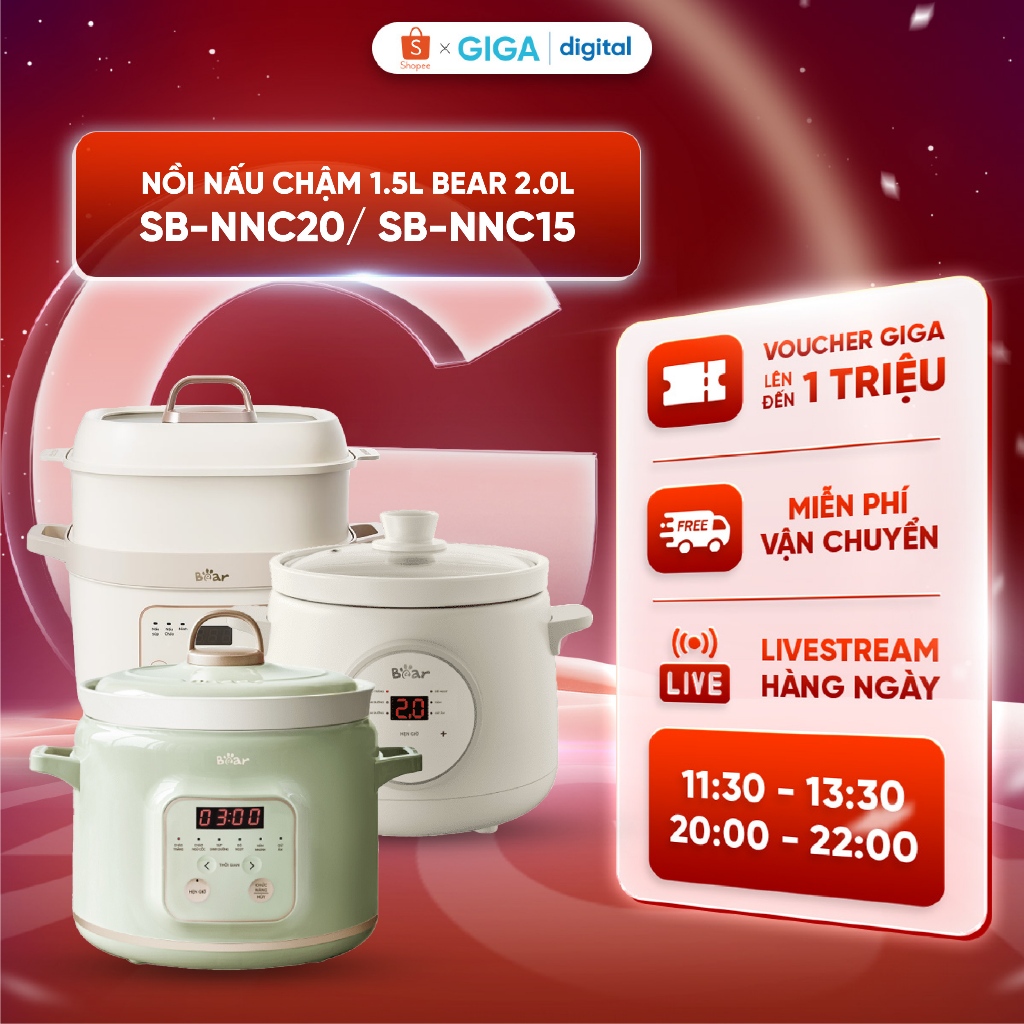 Nồi Nấu Chậm 1.5L Bear 2.0L SB-NNC20/ SB-NNC15 - Phiên bản tiếng Việt - Dễ sử dụng - 6 chức năng nấu sẵn