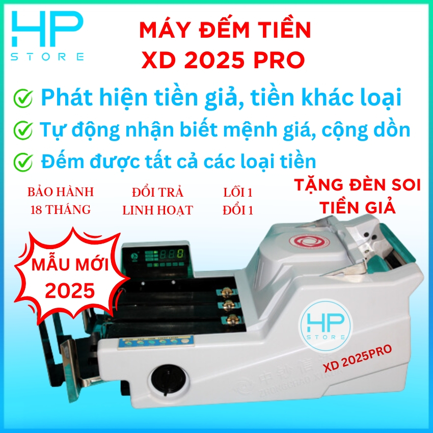 [TẶNG ĐÈN SOI TIỀN GIẢ] Máy đếm tiền phát hiện tiền giả, phát hiện tiền khác loại XD - 2025PRO