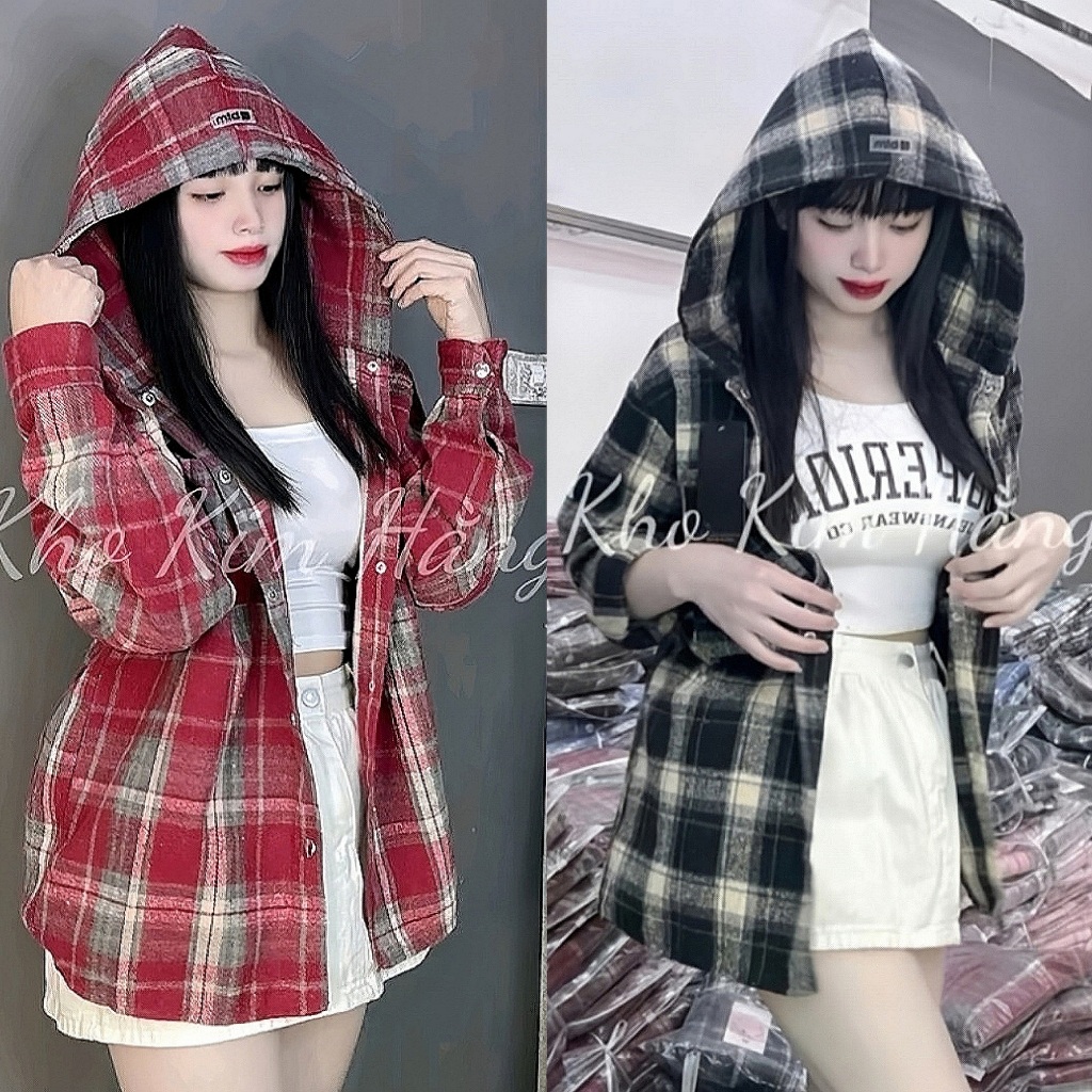 Áo Khoác Sơ Mi Dạ Flannel Kẻ Caro Nam-Nữ Có Mũ