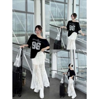 Set váy thời trang nữ chất Cotton su in áo trễ vai một bên phối chân váy ren đuôi cá dài hai lớp