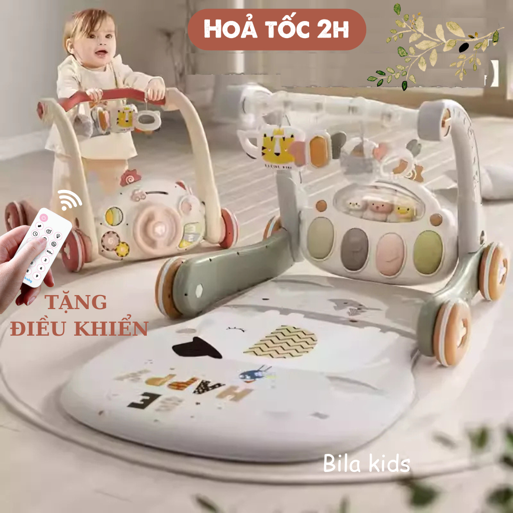 Thảm nhạc cho bé sơ sinh kiêm xe tập đi có nhạc đàn piano 2 mặt, đồ chơi cho bé có vô lăng oto, bảng bận rộn