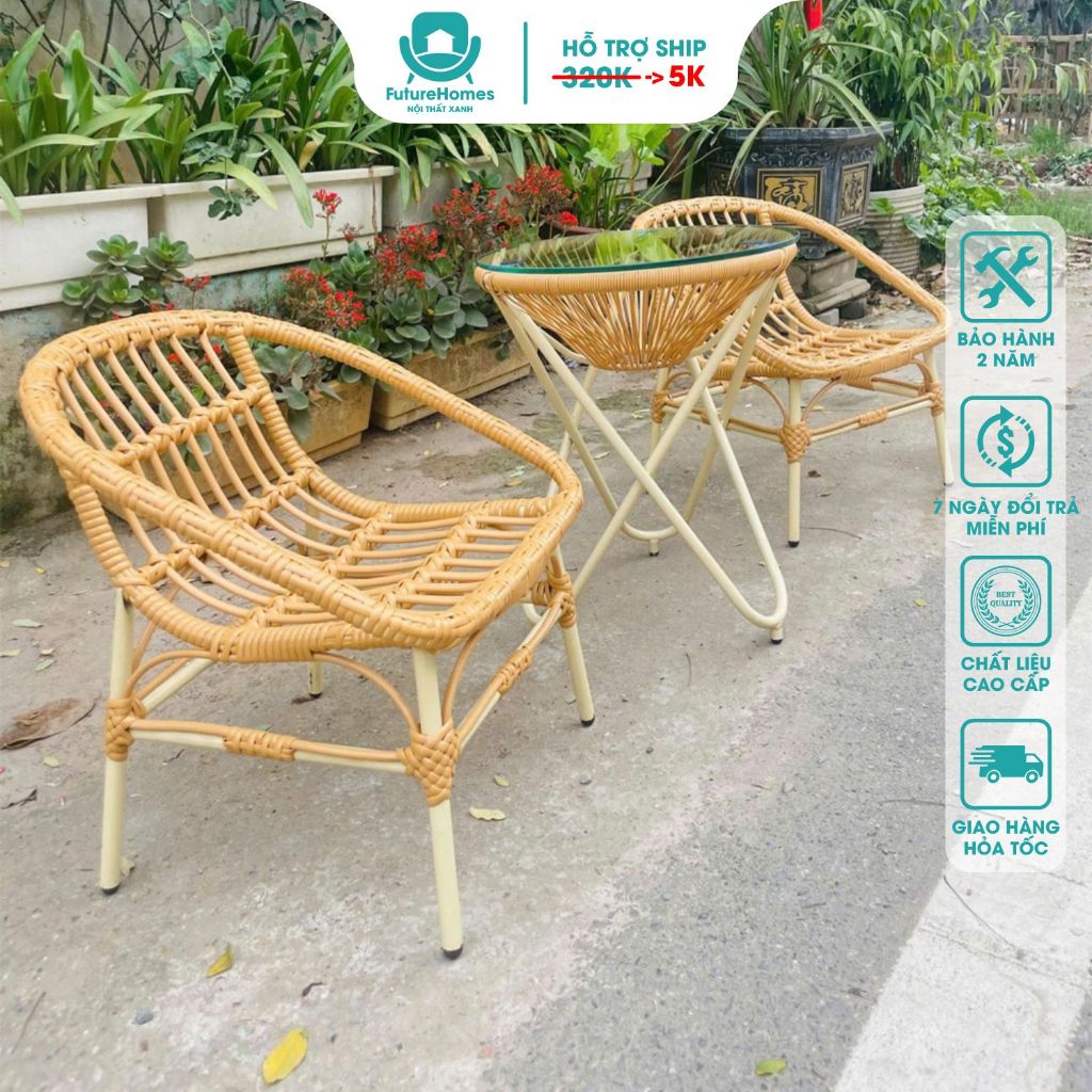 Bộ Bàn Ghế Con Sò Giả Mây Khung Thép  Mẫu SGM88 Decor Ban Công, Sân Vườn, Quán Cafe/ FutureHomes