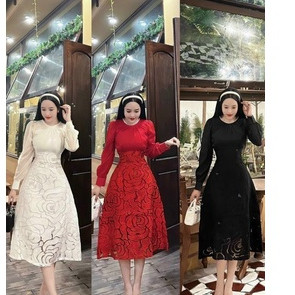 Đầm nữ thời trang mặc đi tiệc chất gấm hoa cổ tròn tay dài váy xoè đi tiệc sang chảnh