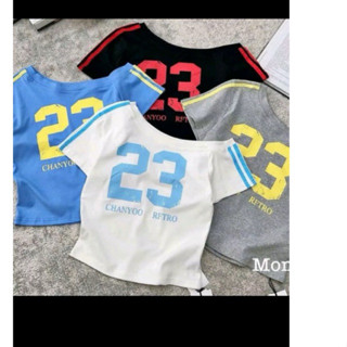 Áo thun nữ tay ngắn bẹt vai in 23 phối lệch form ôm body croptop chất vải thun borip xinh Free Size dưới 54kg hot