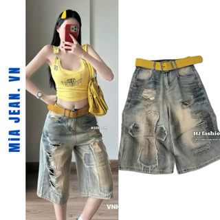 QUẦN SHORT LỬNG JEAN NỮ LƯNG CAO RÁCH CÀO HÌNH CHỮ THẬP MÀU XANH BỤI PHÁ CÁCH- Mia JEANS
