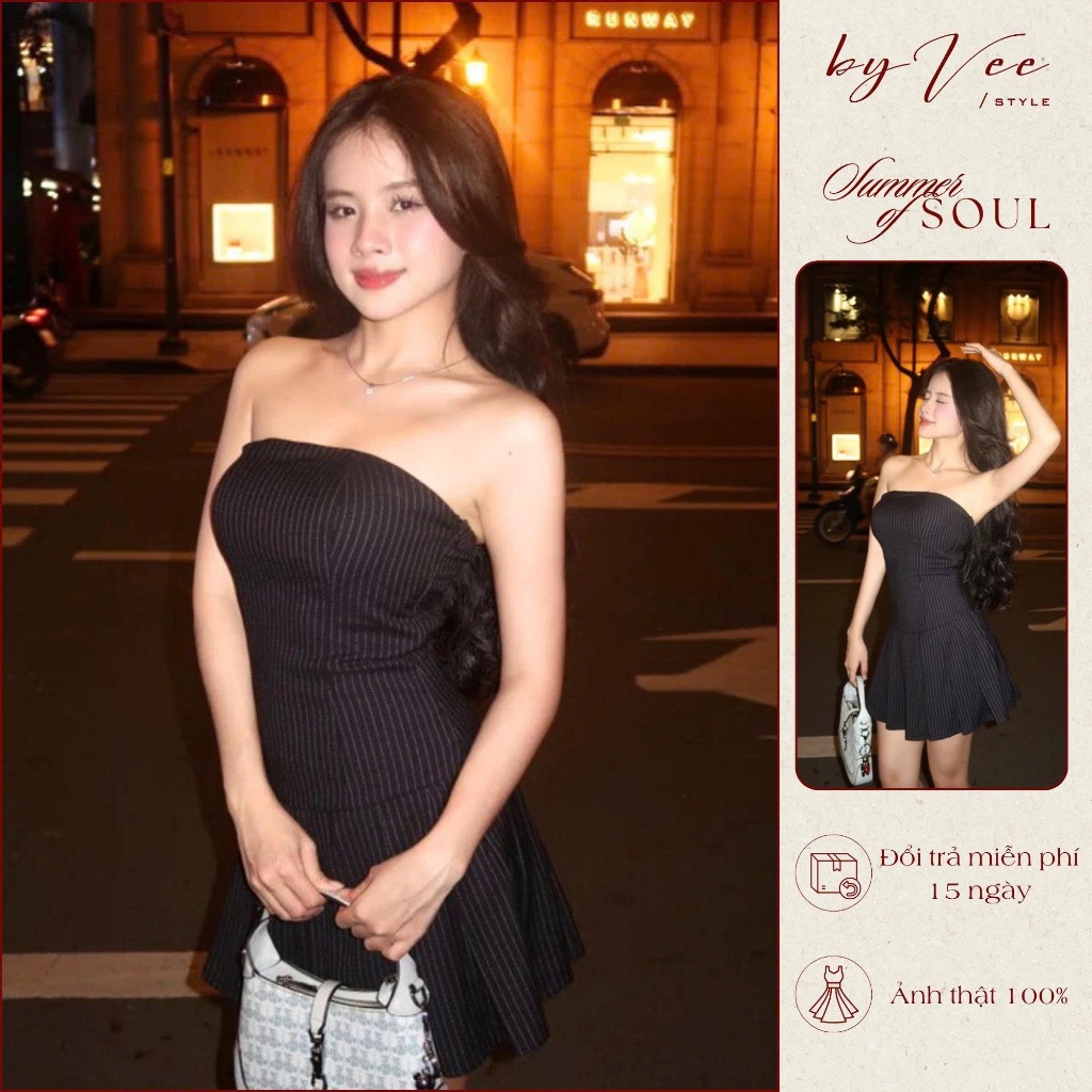 Đầm kaki thun xếp ly sọc màu đen có ánh xanh nhẹ, Đầm cup ngực lưng thun co giãn đi chơi đi tiệc
