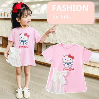  Váy áo cộc tay hè cho bé gái áo thun dấu quần tay ngắn đầm suông ngắn trẻ em đính nơ voan hoạt hình mèo Kitty mềm mát 
