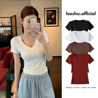 (DEAL MỞ BÁN) Áo thun cổ tim ôm body tay cộc form mới Leeshu Áo cổ V ôm sát vải cotton không pha mềm mát