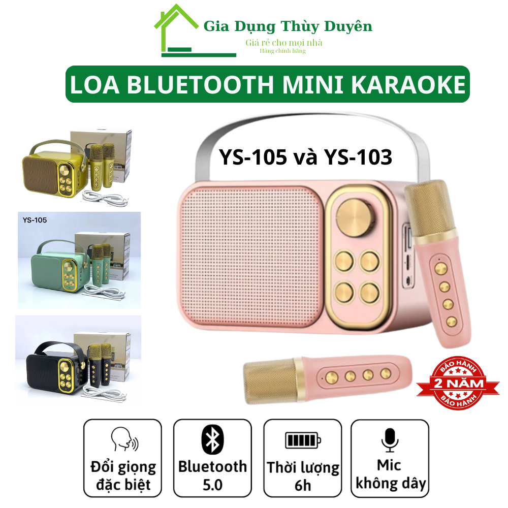 Loa bluetooth mini karaoke kèm mic YS-103 / YS-105 Không dây đổi giọng kèm 2 mic hát công suất 10W