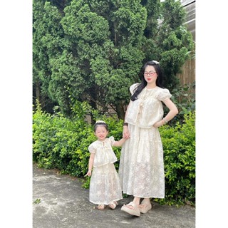 Sét Ren Mẹ Và Bé, Áo Cộc Tay Bé Gái, Đầm Bé Gái, Chân Váy Ren Dài Có In Hoa Tay Bồng Cho Bé Từ 8-35kg