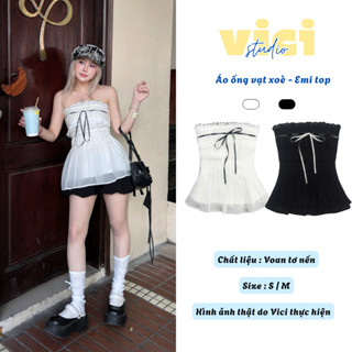 [Emi top] Áo quây viền ren đính nơ VICI.STUDIO áo kiểu nữ áo ống cúp ngực form chiết eo dáng xoè lưng bo chun