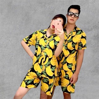 Bộ đồ trái cây Chuối vàng đi biển nhóm building, set đồ du lịch gia đình Chất kate thái