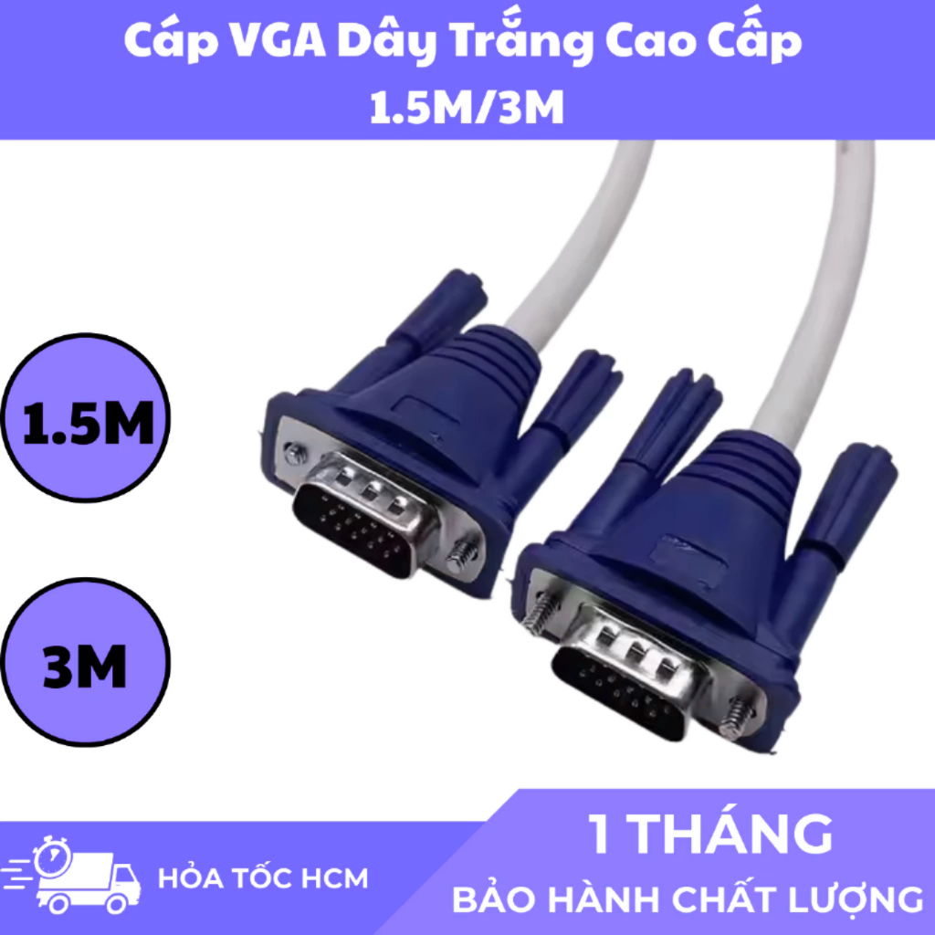 Cáp VGA Dây Trắng Cao Cấp – Truyền Tín Hiệu Màn Hình Máy Tính, Laptop, PC,....