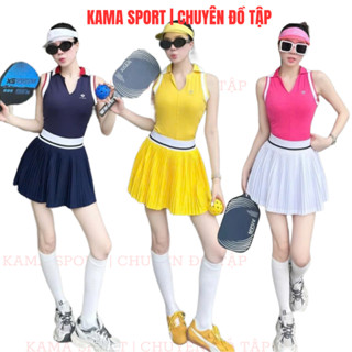 Bộ tập pickleball nữ ,áo cổ mix chân váy xếp ly nhỏ chất thun mềm tập pickleball, tennis, golf BP90