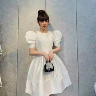 Đầm nữ thời trang mạc đi tiệc chất tapta cổ tròn tay phồng ngắn xẻ vai váy xoè xếp ly cao cấp