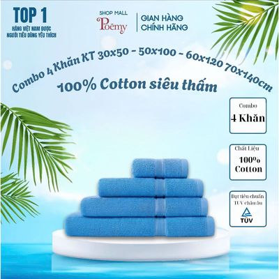 [CHÍNH HÃNG] Combo 4 Khăn  Cotton Dày Dặn Mềm Mại Gồm KT 30x50 - 50x100 - 60x120 - 70x140cm