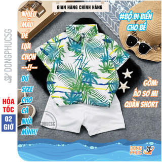 Đồ đi biển cho bé trai gái set áo sơ mi hoa lá & quần đùi trắng năng động cho gia đình hội nhóm AKQT