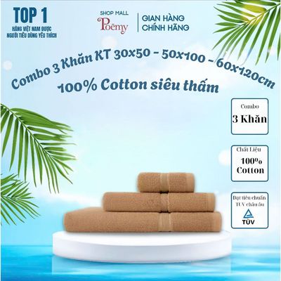 [CHÍNH HÃNG] Combo 3 Khăn  Cotton Dày Dặn Mềm Mại KT 30x50 - 50x100 - 60x120cm