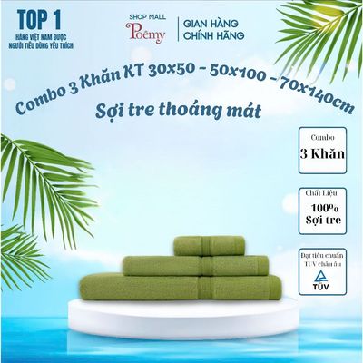[CHÍNH HÃNG] Combo 3 Khăn Sợi Tre Siêu Mềm Mịn Thấm Hút Gồm KT 28x48 - 50x100 - 70x140cm