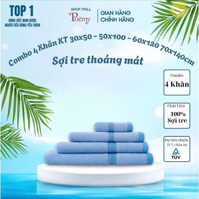 [CHÍNH HÃNG] Combo 4 Khăn Sợi Tre Siêu Mềm Mịn Thấm Gồm KT 28x48 - 50x100 - 60x120 - 70x140cm