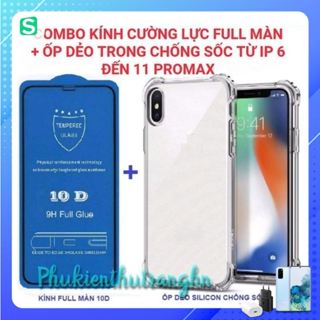  Combo kính cường lực ip 6G 6 Plus 7G 7 Plus X Xr Xsmax ip 11 11 Pro max 10d full màn hình + ốp dẻo trong chống sốc 