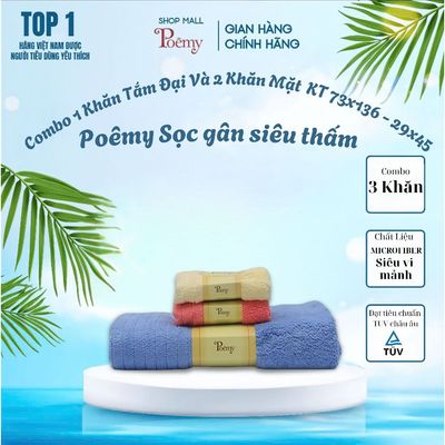 [CHÍNH HÃNG] Combo 1 Khăn Tắm Đại Cao Cấp Poêmy Và 2 Khăn Mặt Siêu Thấm Kt 73x136cm - 29x45cm