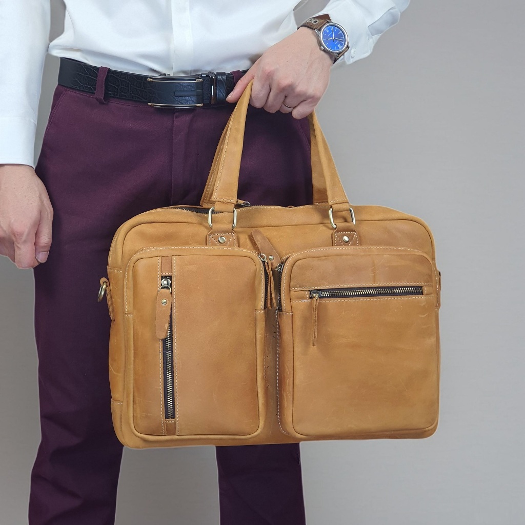 [Da thật] Túi công sở nam da bò thật; Cặp da nam da bò sáp Crazy horse CD326LEA (Nâu bò) - 100% da thật, BH 3 năm