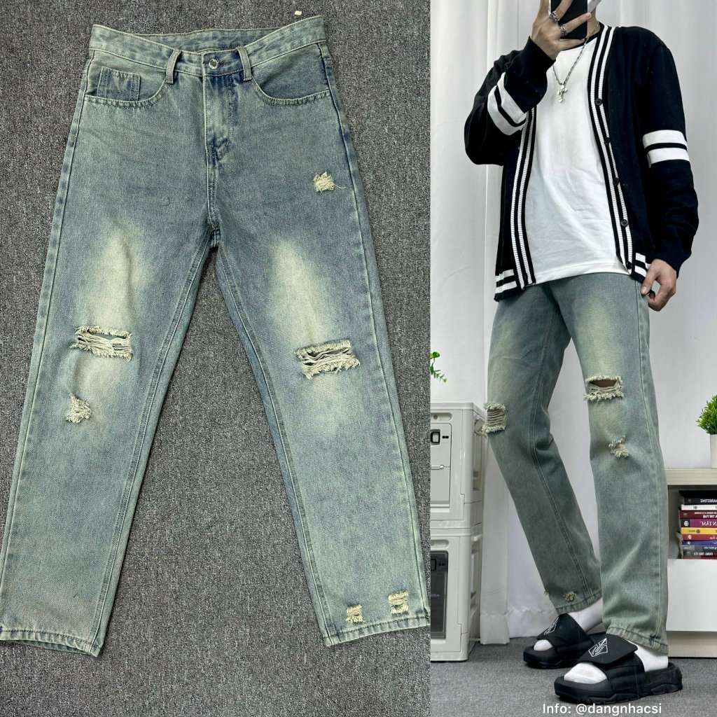 Quần Jean Nam Baggy Form Suông Ống Rách Thời Trang,Quần Jean Nam Ống Suông XanhRêu Chất Liệu Cao Cấp