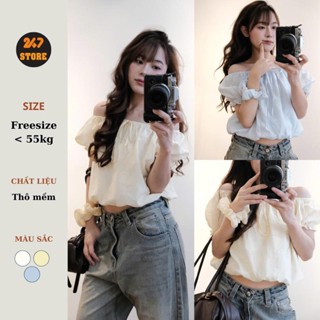 Áo Babydoll Trễ Vai Tay Bồng Phối Nơ Ngực 247store Kèm Scrunchie Siêu Yêu Ao957