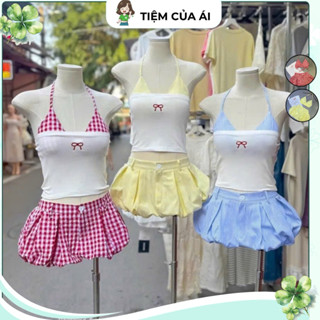 Set 3 Món Đi Biển Dễ Thương Gồm Áo Ống Thêu Nơ, Bra Cột Dây và Quần Bí Lưng Chun