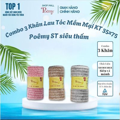 [CHÍNH HÃNG] Combo 3 Khăn Lau Tóc Siêu Thấm Nhanh Khô KT 35x75cm | Poêmy Official