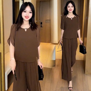 H1 Set đồ bộ trung niên nữ sang trọng mùa hè thoáng mát không nhăn che bụng form rộng vải voan nana