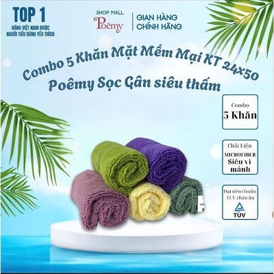 [CHÍNH HÃNG] Combo 5 Khăn Mềm Mịn Siêu Thấm Hút KT 24x50cm Màu Ngẫu Nhiên | Poêmy Official