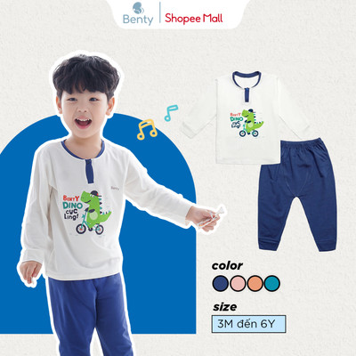 Bộ dài tay cổ trụ in hình khủng long dễ thương BENTY BT052 mềm mịn mát, quần áo trẻ em chính hãng