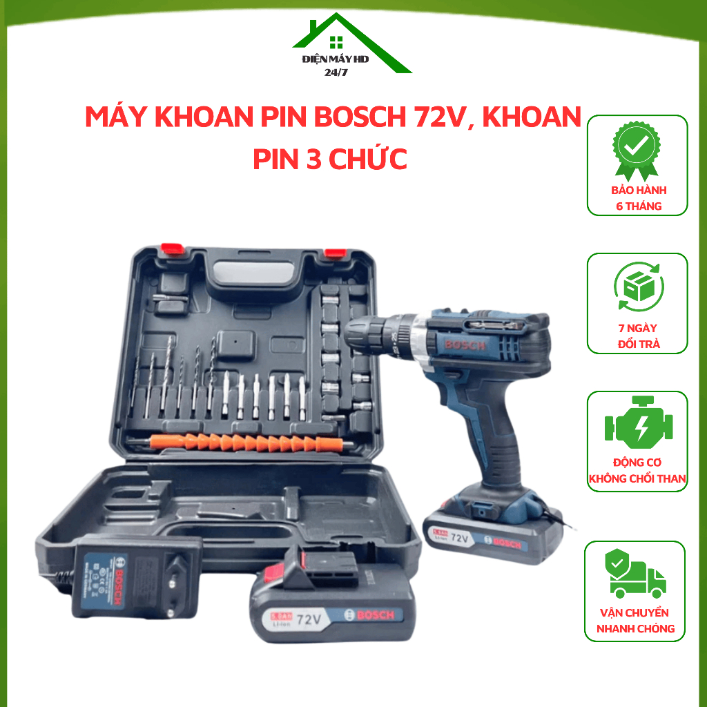 Máy Khoan Pin Bosch 72v, Khoan Pin 3 Chức Năng Tặng Kèm Phụ Kiện 24 Chi Tiết