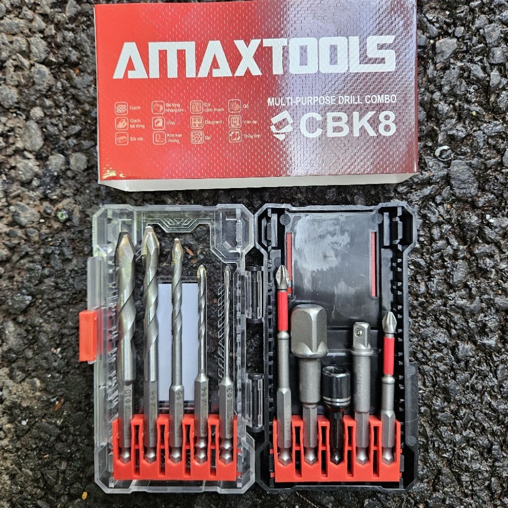 Hộp 10 Mũi Khoan lệch tâm Amaxtools, mũi vít, chuyển bulong đa năng