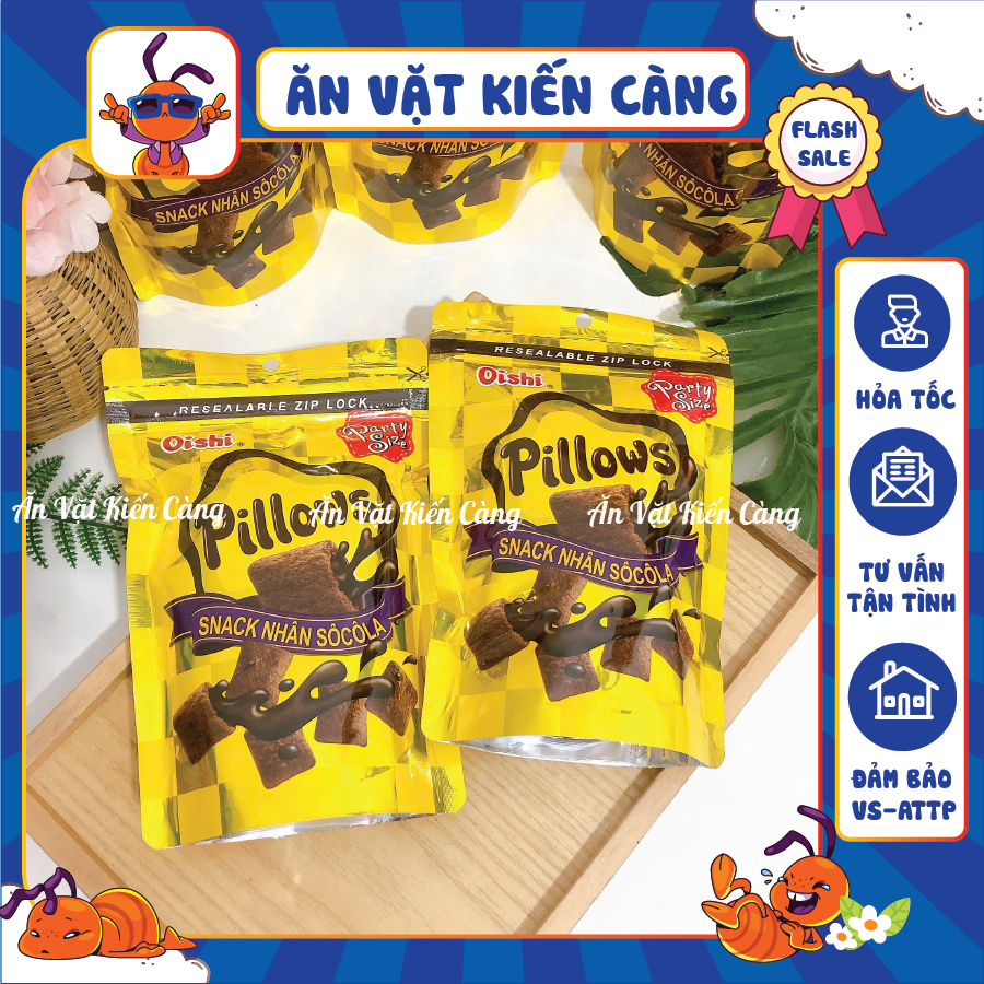 Snack Pillows Oishi Nhân Socola (GÓI LỚN 80G), Bánh Nhân Kem Oishi, đồ ăn vặt