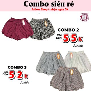 Quần đùi nữ caro xốp bồng lưng thun dây rút dáng bí ngô vải kate mềm mịn thoáng khí