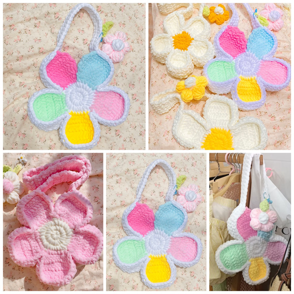Túi Hoa Len 28cm - Bloom Flower Bag handmade TẶNG kèm hoa nhỏ treo túi 🌷🌷