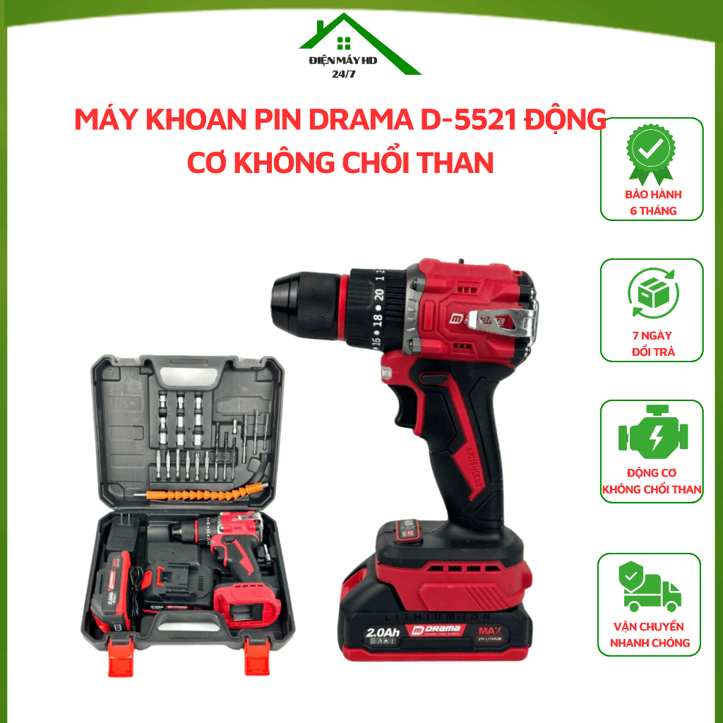 Máy khoan pin DRAMA D-5521 Động cơ Không chổi than, 10mm 3 Chức năng,Có khóa trục và điều tốc