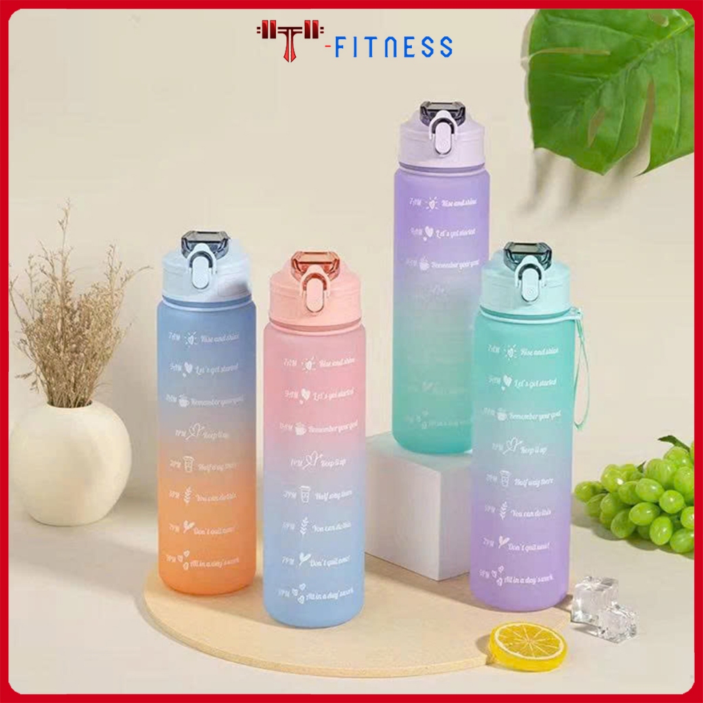 Bình Nước 950ml [ tặng Sticker] , Bình Nước Cute 950ml Có Ống Hút, Vạch Chia Nhắc Giờ