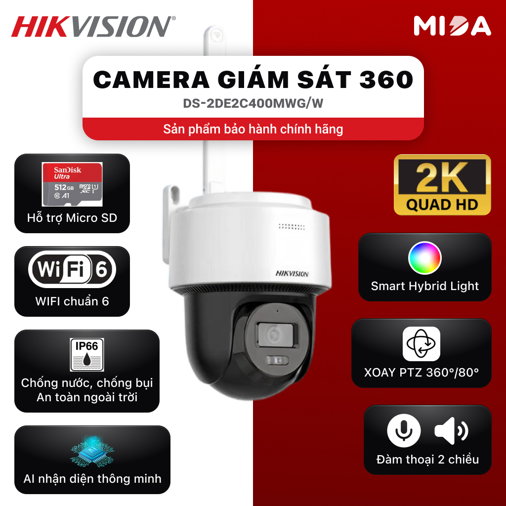 Camera PTZ Hikvision DS‑2DE2C400MWG/W 4 MP – Wi‑Fi 6, Smart Hybrid Light 25 m, IP66, Mic & Loa