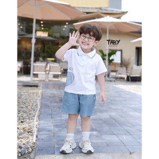 [TABY] Bộ cộc tay hình bóng bầu dục, chất liệu áo polo cá sấu phối quần kaki mềm cho bé từ 8-26kg P1224B18